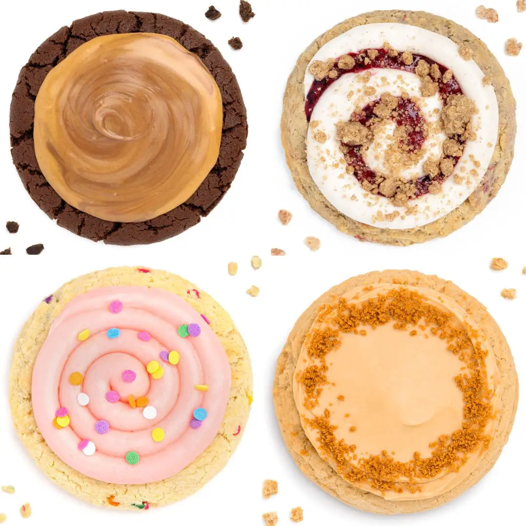 Crumbl Cookies: Peanut Butter Brownie, Triple Berry Cobbler Cookie, Confetti Cake Cookie, and Cookie Butter Ice Cream