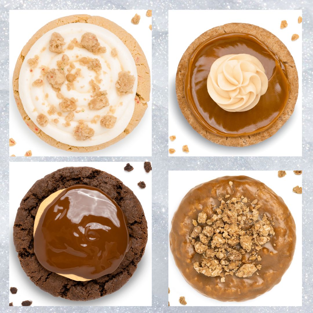 Crumbl Cookies Flavors: Cake Batter, Dulce De Leche. Buckeye Brownie, and Maple Oatmeal Cookie