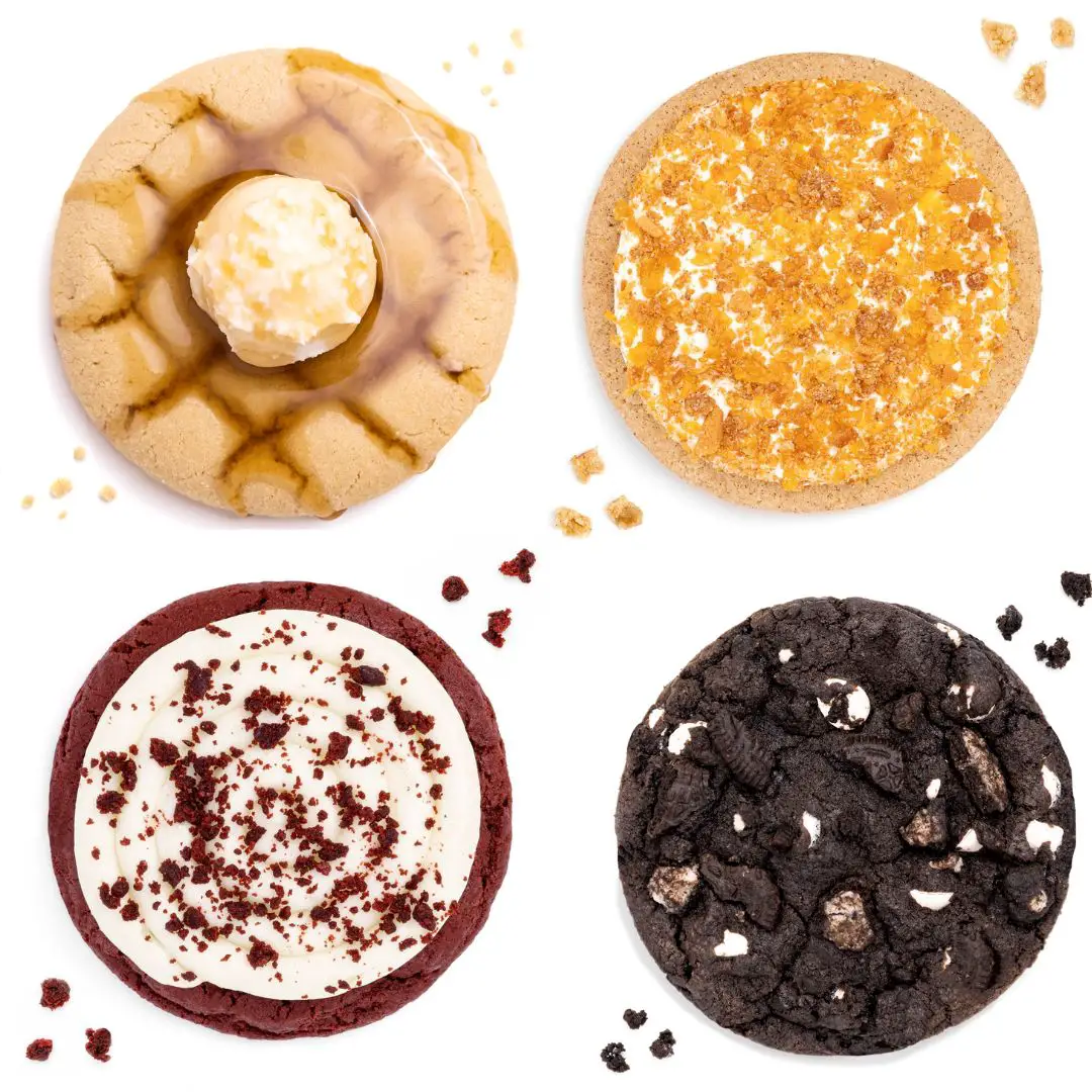 crumbl cookies: Waffle cookie, fried ice cream cookie, red velvet cupcake cookie, chocolate cookies and cream cookie