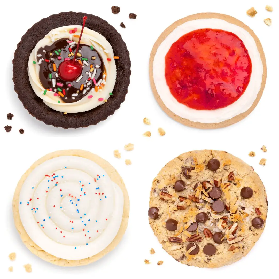 Crumbl Cookie Flavors: Brownie Sundae Cookie, Strawberry Shortcake Cookie, Birthday Cake Patriotic, Cowboy Cookie
